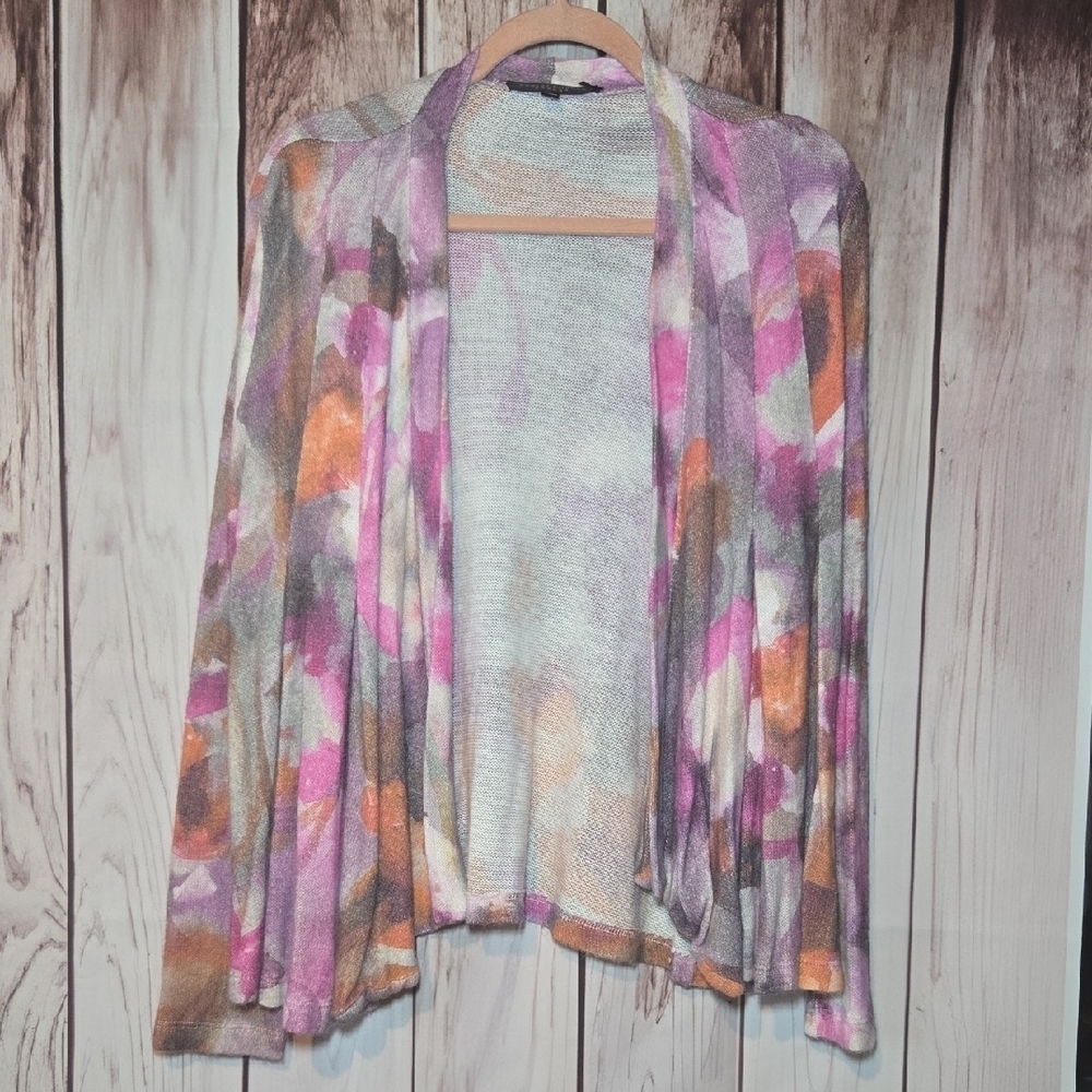 Robert Kitchen Pink, Orange And Gray Watercolor Cardigan Sweater Womens Medium